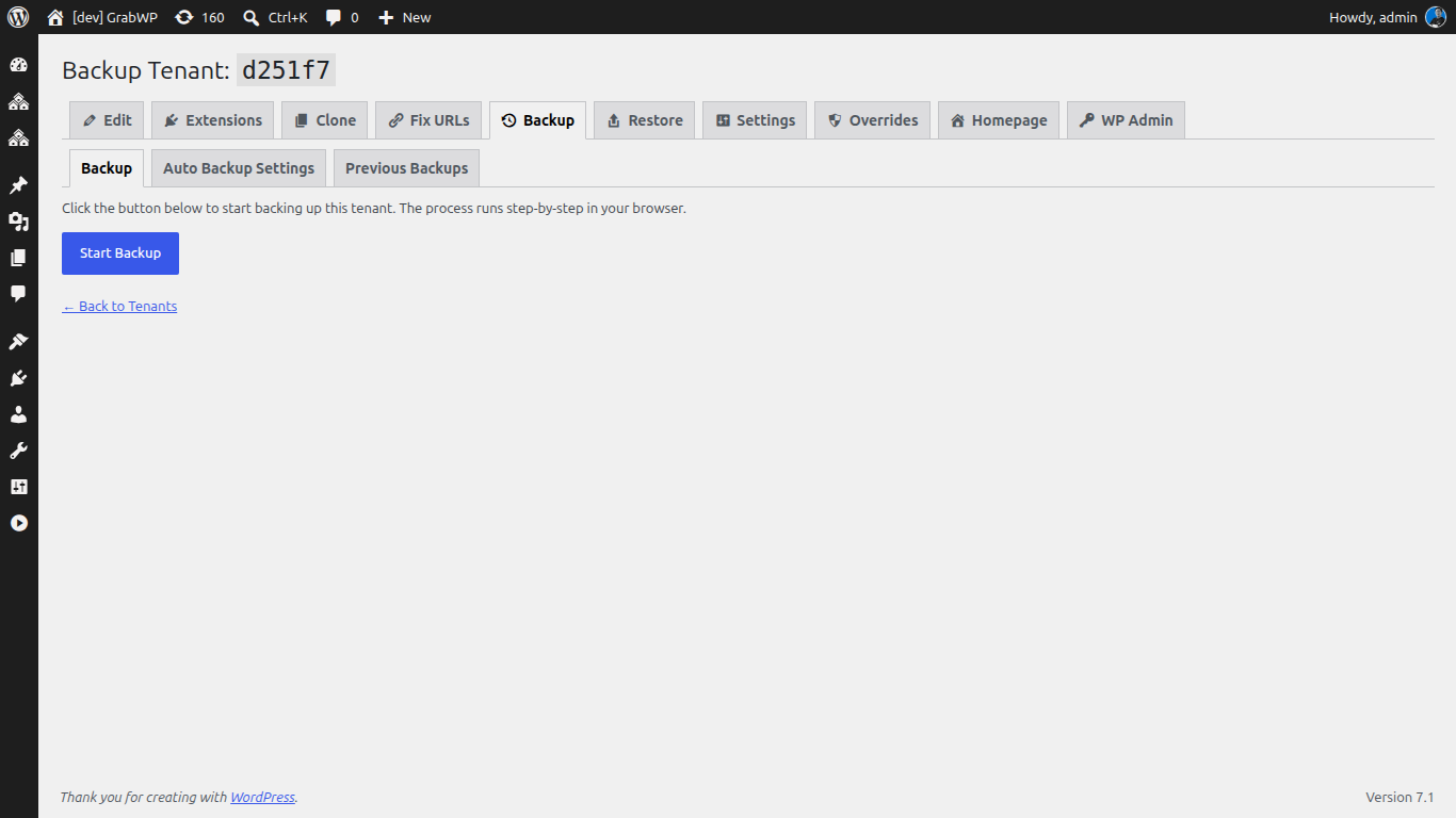 Exporting a client tenant's database and files in GrabWP Tenancy