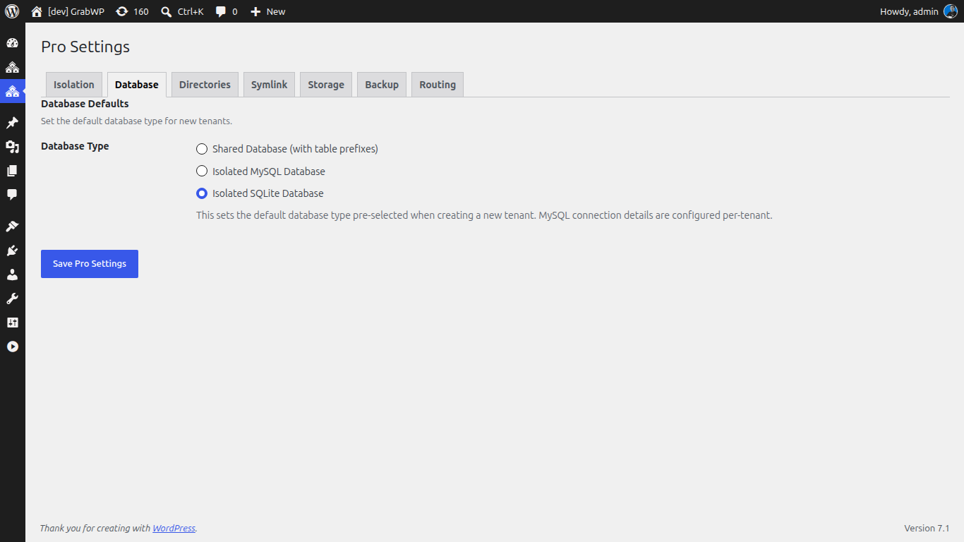 Dedicated database per brand in GrabWP Tenancy Pro isolation settings