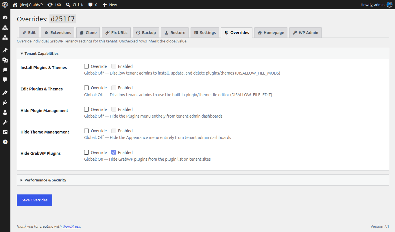 Per-tenant capability and security override settings in GrabWP Tenancy Pro