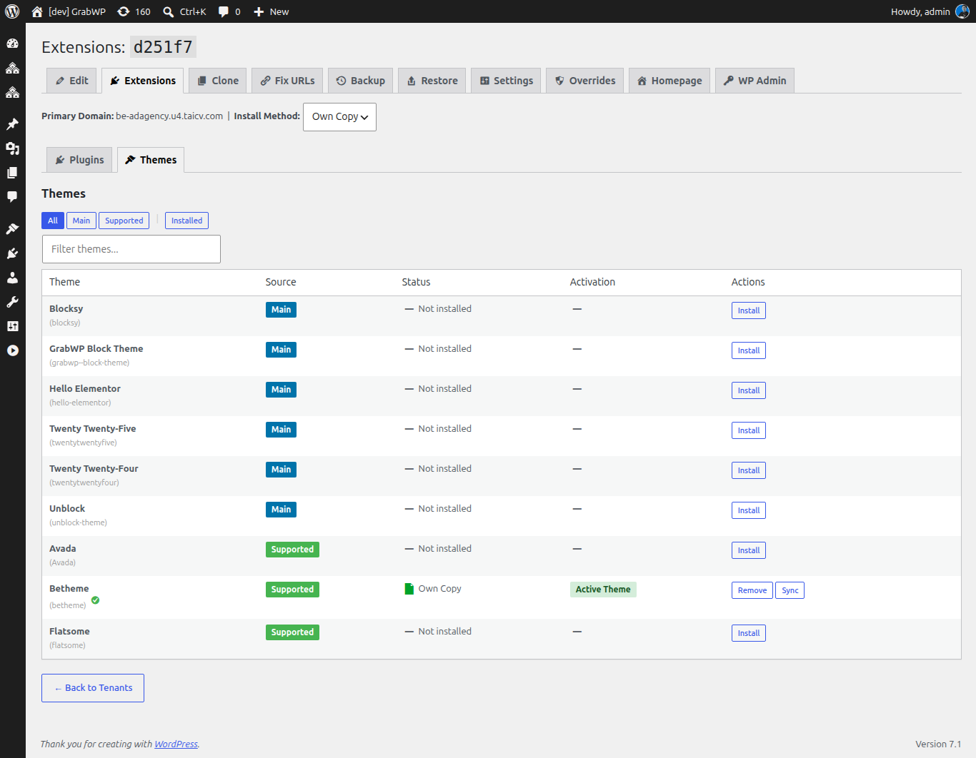 Separate per-tenant plugin and theme stacks in GrabWP Tenancy Pro extensions panel