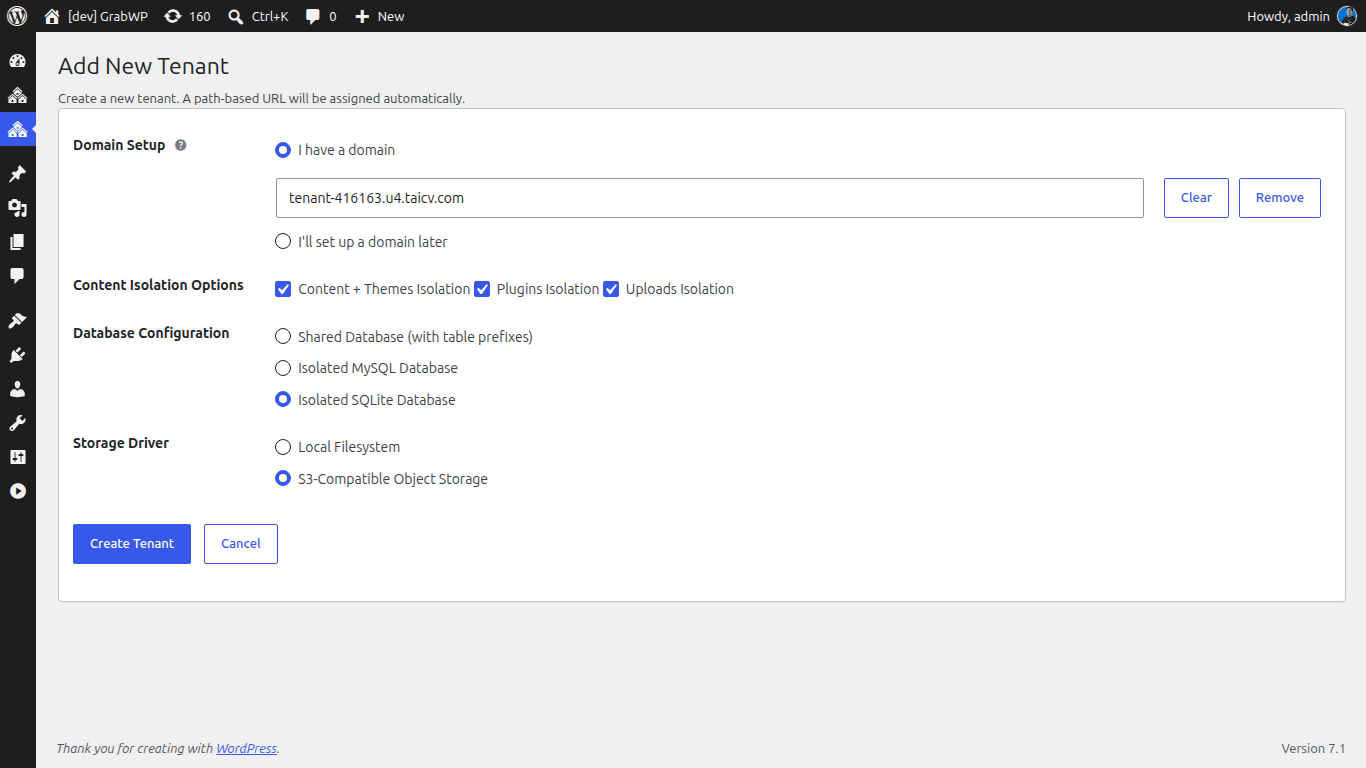 Standing up a new isolated tenant in GrabWP Tenancy