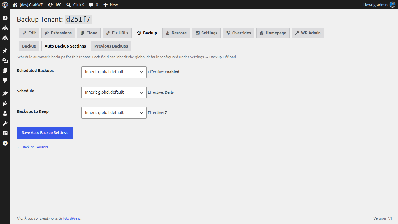 Scheduling automatic per-tenant backups in GrabWP Tenancy Pro