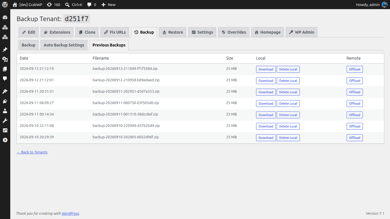 Per-tenant restore points listed in GrabWP Tenancy Pro backup manager