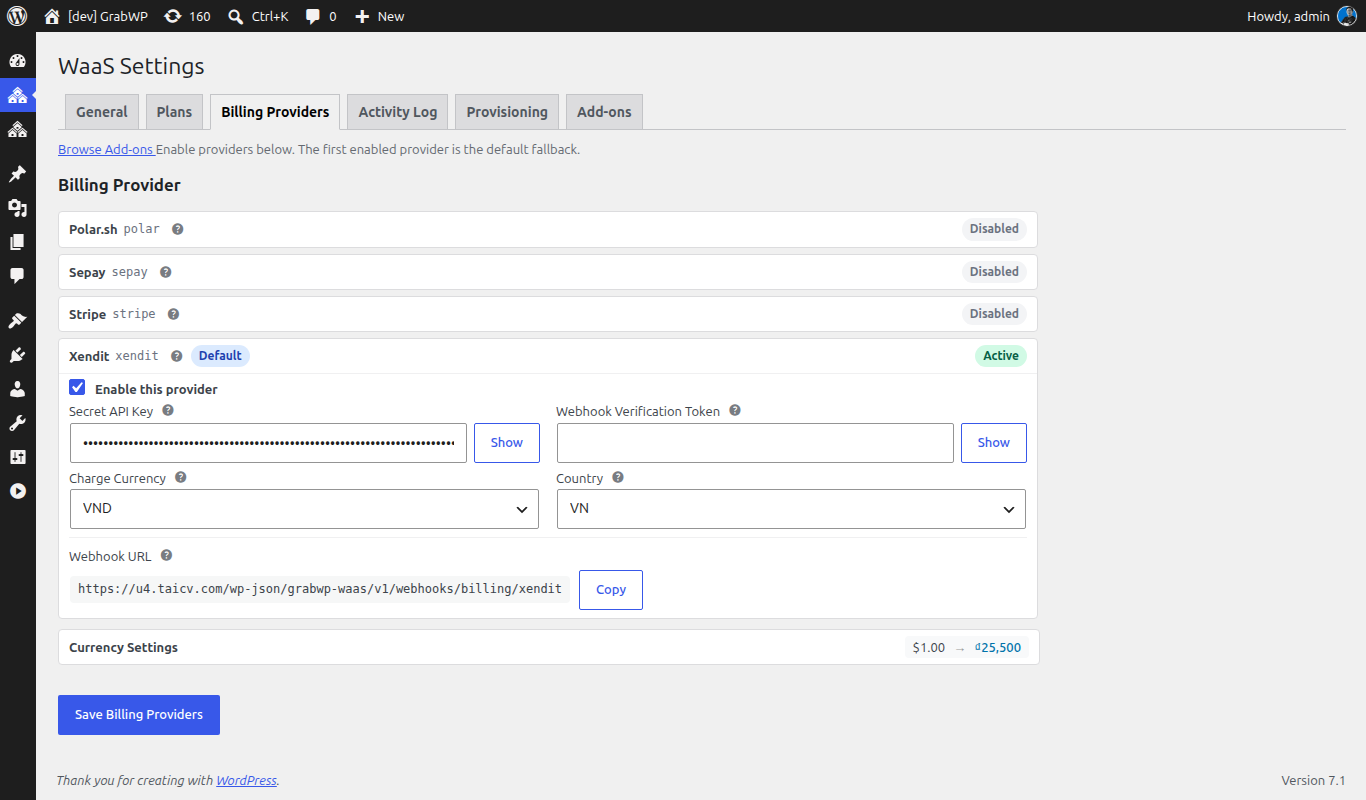 Billing provider configuration in GrabWP WaaS settings