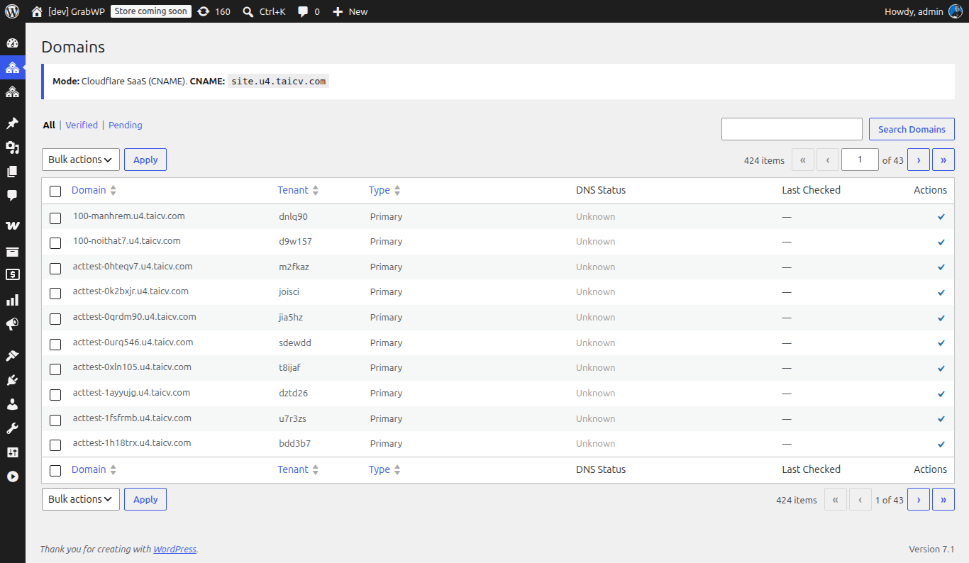 Custom domain management in the GrabWP WaaS domains dashboard