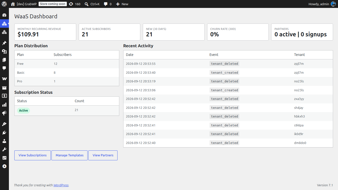 The GrabWP WaaS customer dashboard