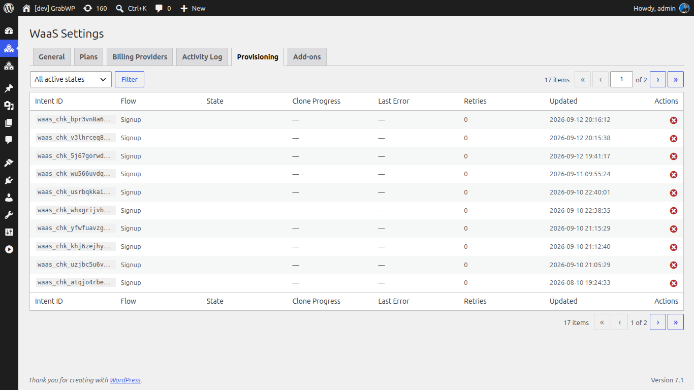 Automated tenant provisioning settings in GrabWP WaaS