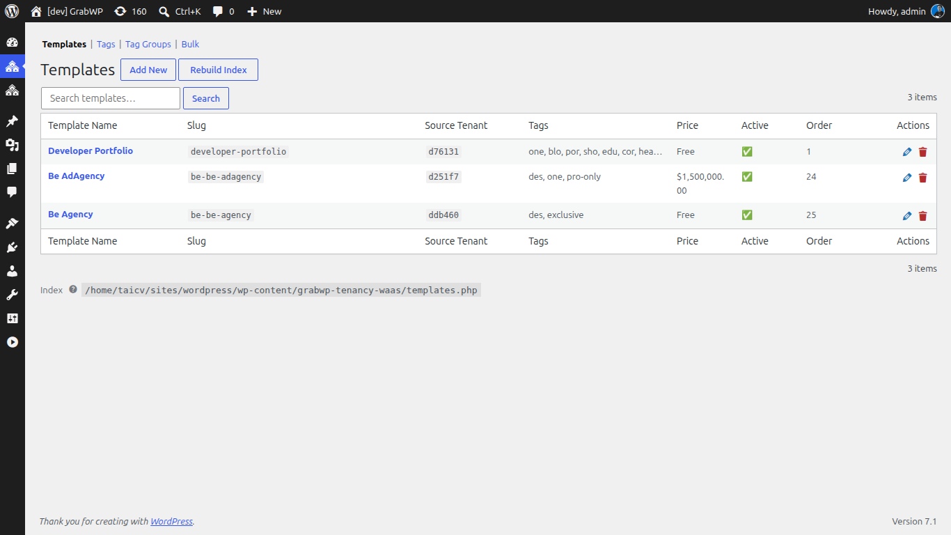 Building a provisioning template catalog in GrabWP WaaS