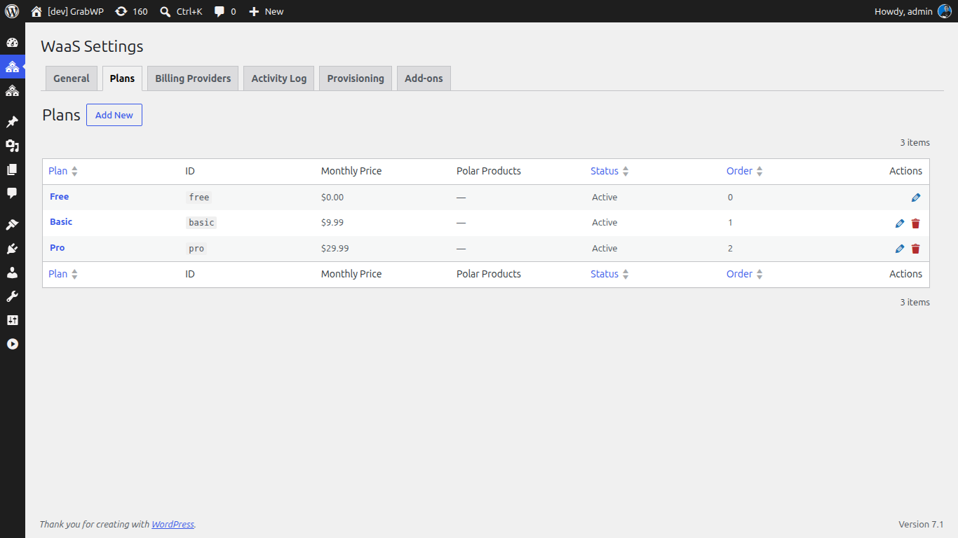 Mapping provisioning templates to plan tiers in GrabWP WaaS