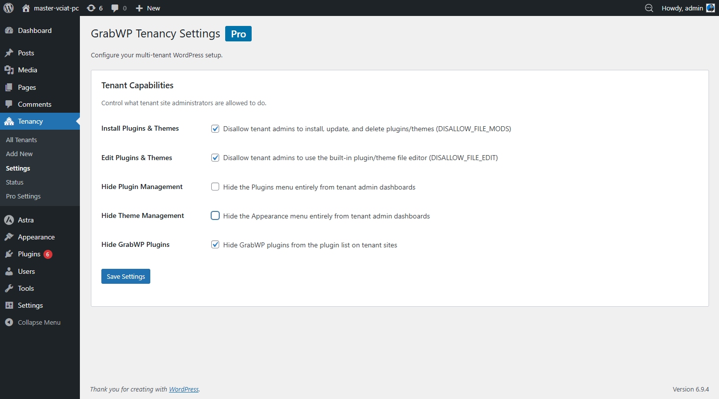 GrabWP Tenancy in the WordPress admin menu