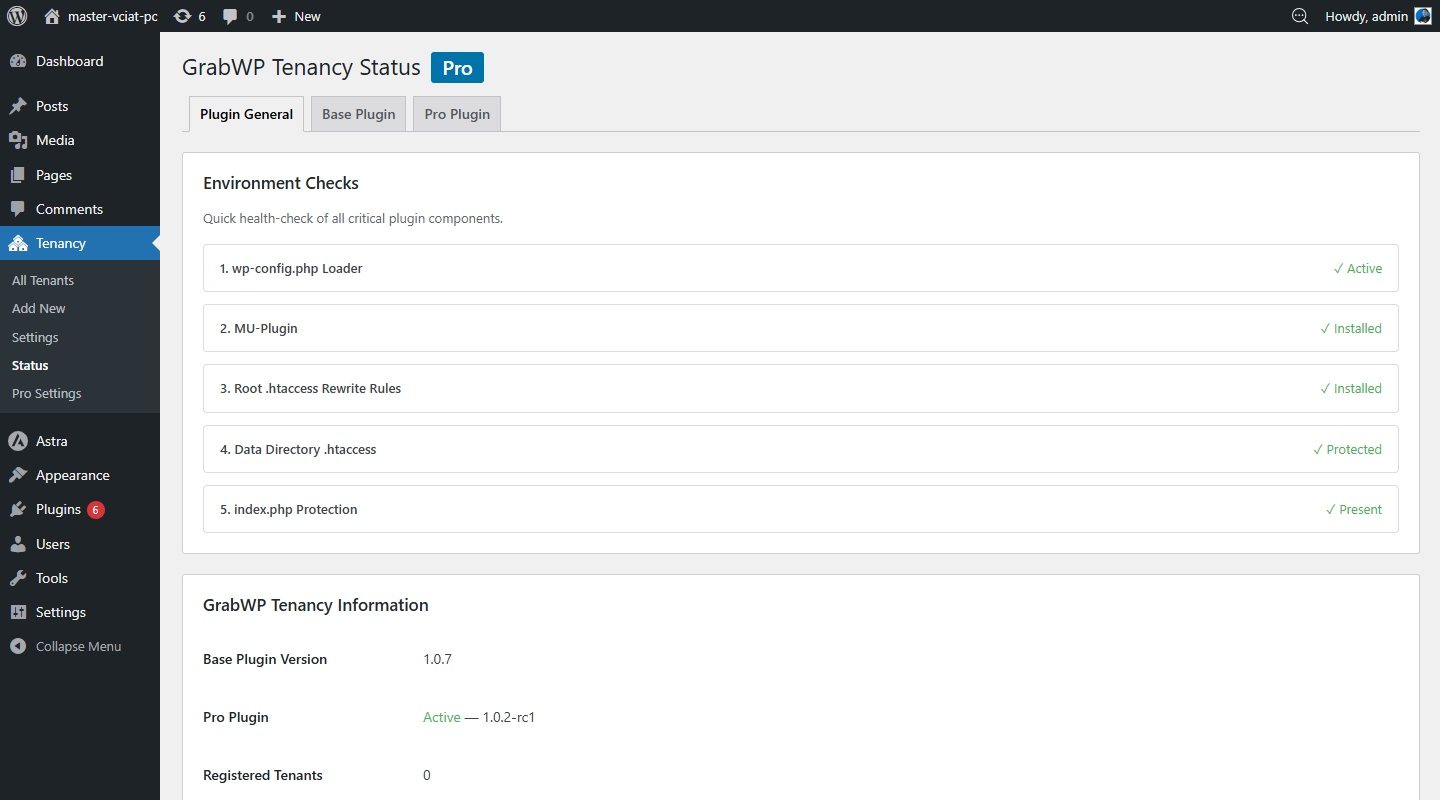 GrabWP Tenancy Status page showing component checks