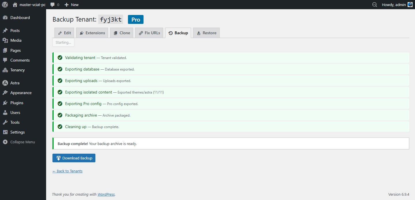 Backup — start backup for a tenant site