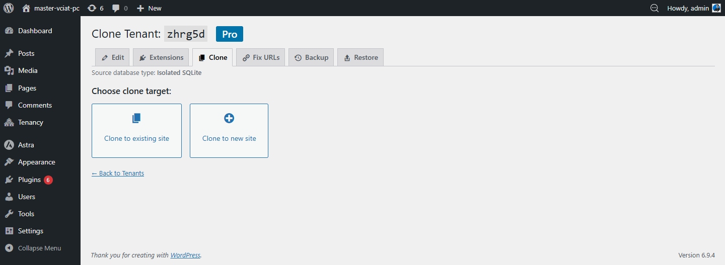 Clone — select destination tenant
