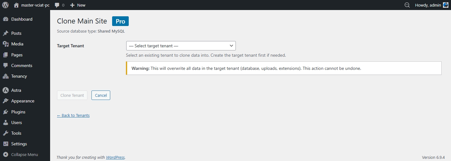 Clone — export and progress steps
