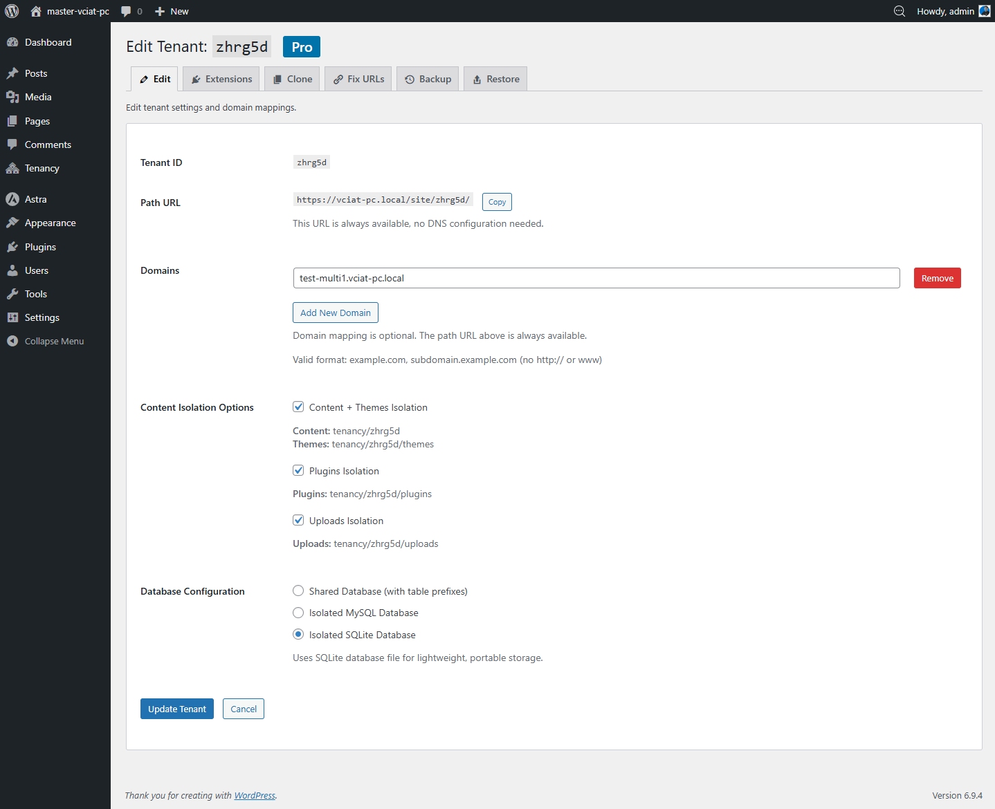Edit tenant — path URL and domains