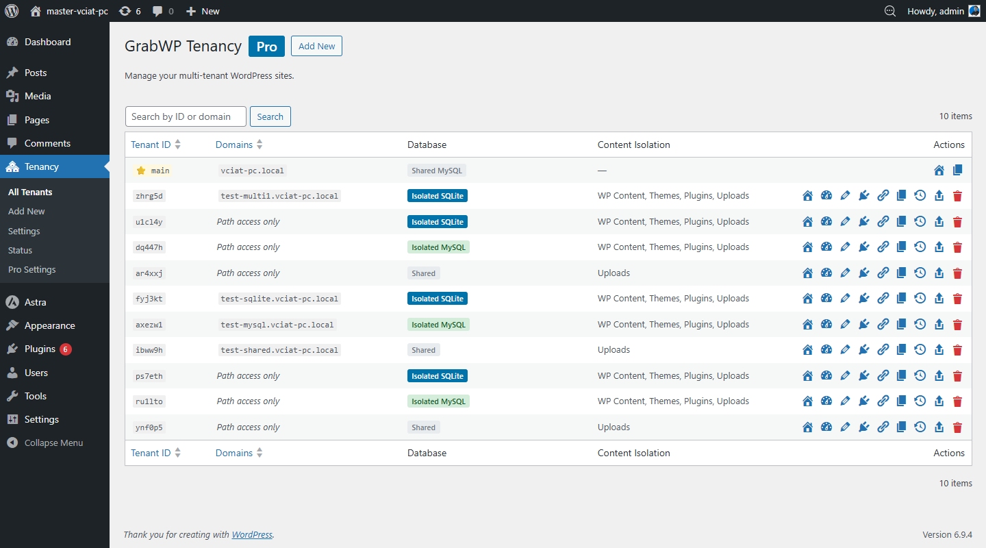 Tenant list with row actions (visit, admin, edit, delete)